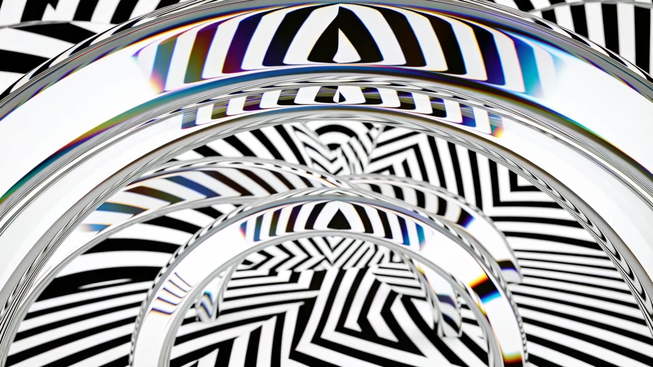 Advancing camera through clear ringed arches in studio, showing stripes and prism glow for parallax
