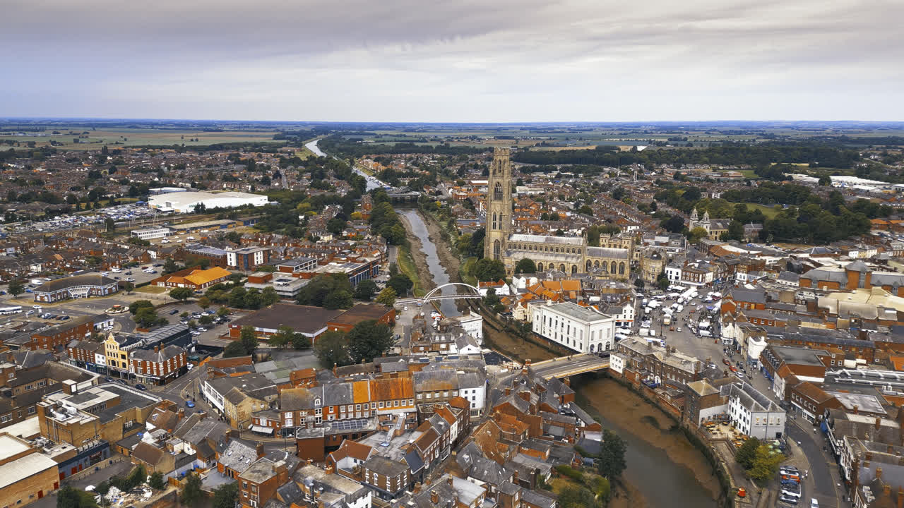 scenic beauty of Boston, Lincolnshire, in mesmerizing aerial drone footage: Port, ships, Saint Botolph Church , Saint Botolph's Bridge