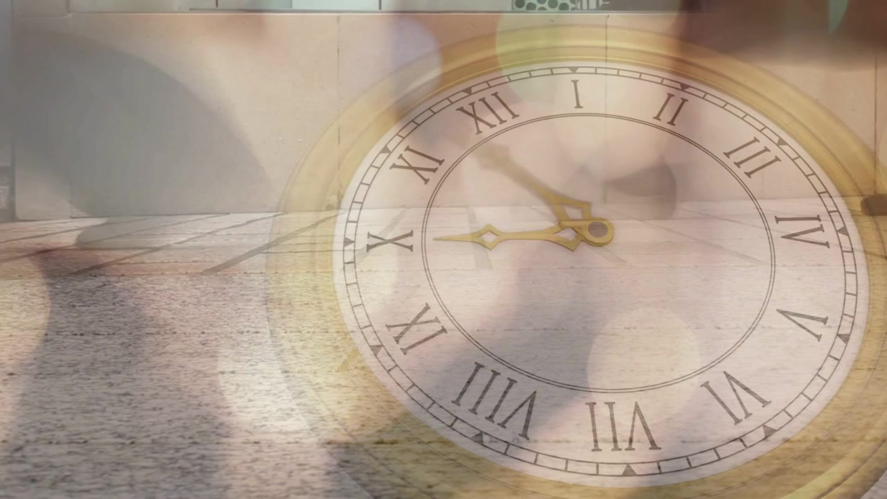 Antique clock overlay marking passing time as passersby entering frame, low camera capturing feet