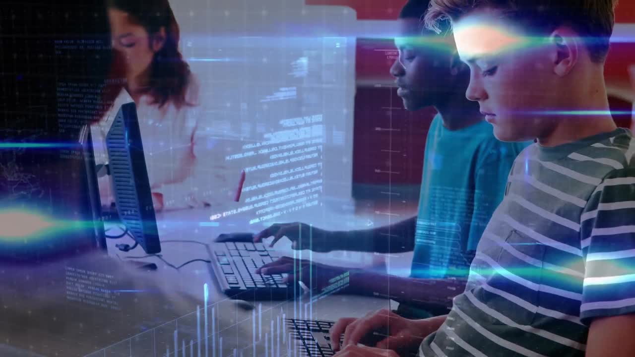 animación del procesamiento de datos en diversos escolares que utilizan computadoras en el aula