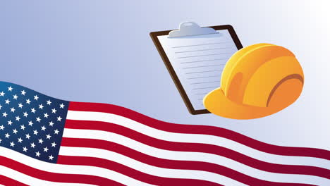 happy labor day animation with usa flag and helmet