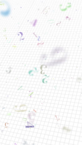 Numbers animated at the white paper background, Flying numbers from 0 to 9. Loop school motion graphic. Vertical video.