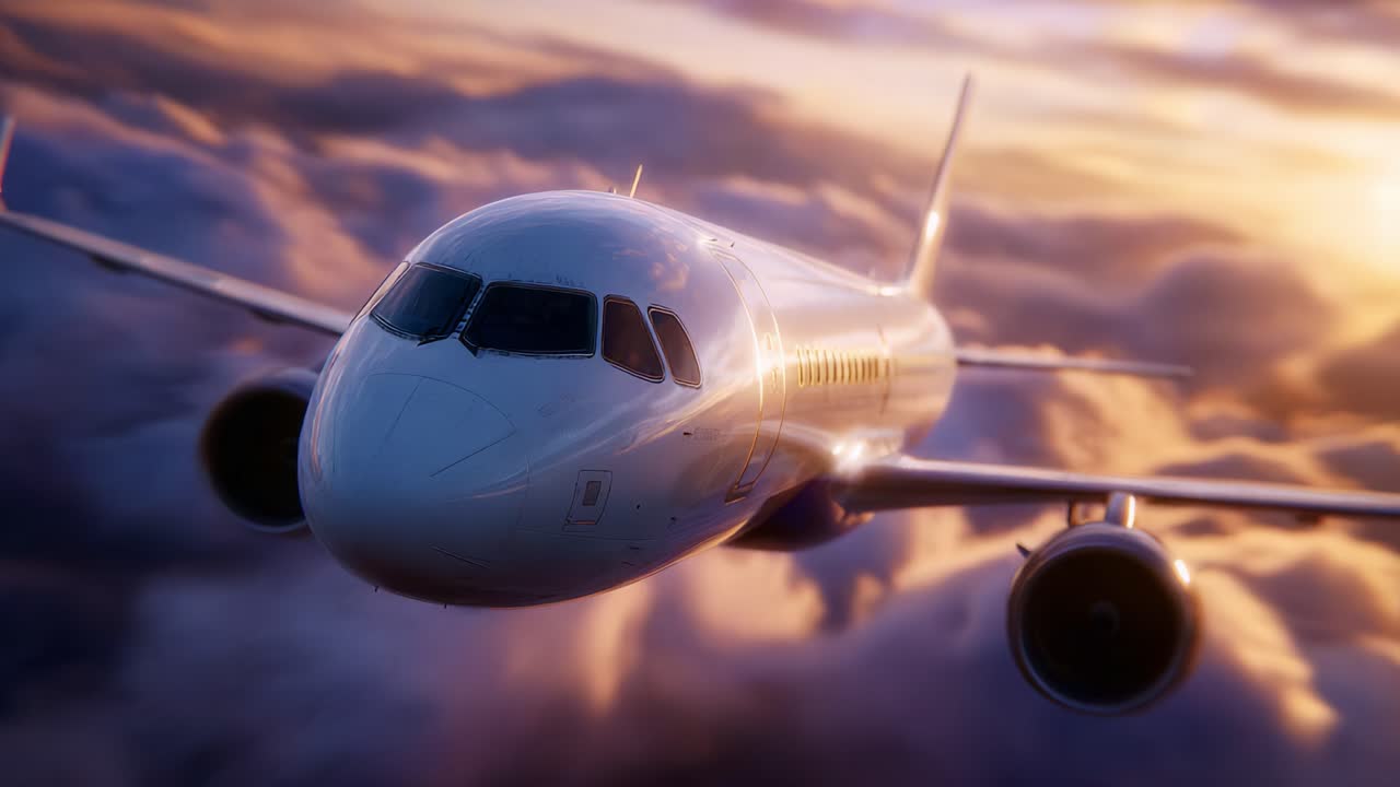 Ein majestätisches Flugzeug schwebt durch den Himmel im Sonnenuntergang über der Wolkenlandschaft und fängt die Schönheit und Gelassenheit des Flugverkehrs in einer atemberaubenden Luftaufnahme ein