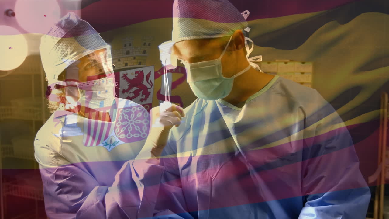 animación de la bandera de españa ondeando sobre los cirujanos en el quirófano