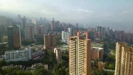 dramatic establishing shot of colombian city of medellin in el poblado neighborhood