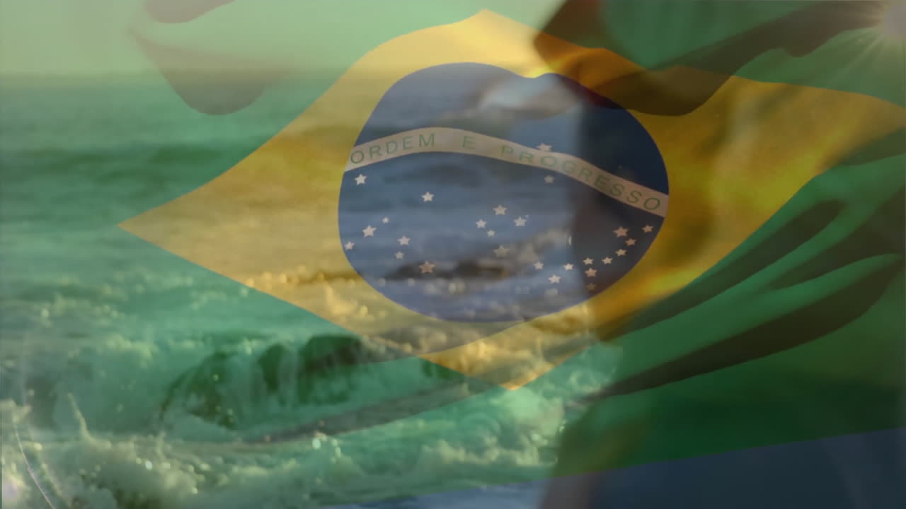 animación de la bandera de brasil sobre una madre caucásica que lleva a un bebé