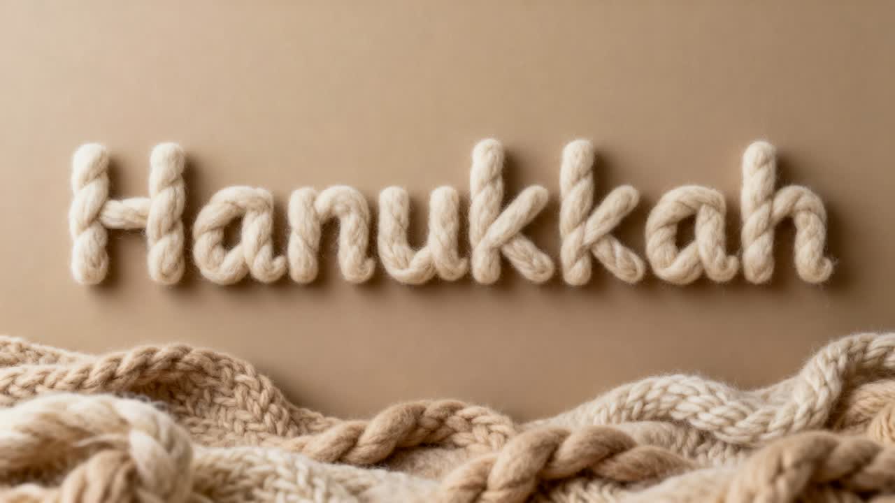 Zooming camera tightening on cream yarn Hanukkah letters on beige tabletop, revealing knit texture