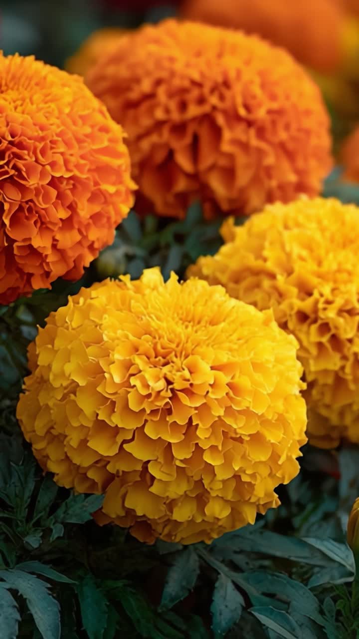 Calendule vivaci in piena fioritura: uno splendido spettacolo di fiori arancioni e gialli brillanti circondati da una vegetazione lussureggiante, perfetti per abbellire qualsiasi giardino o composizione floreale