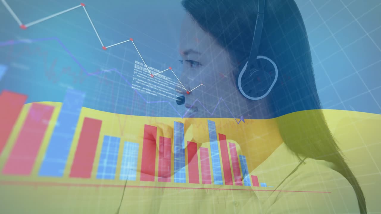 Animazione di grafici, linguaggio informatico, rappresentanti del servizio clienti asiatici che parlano con un cliente
