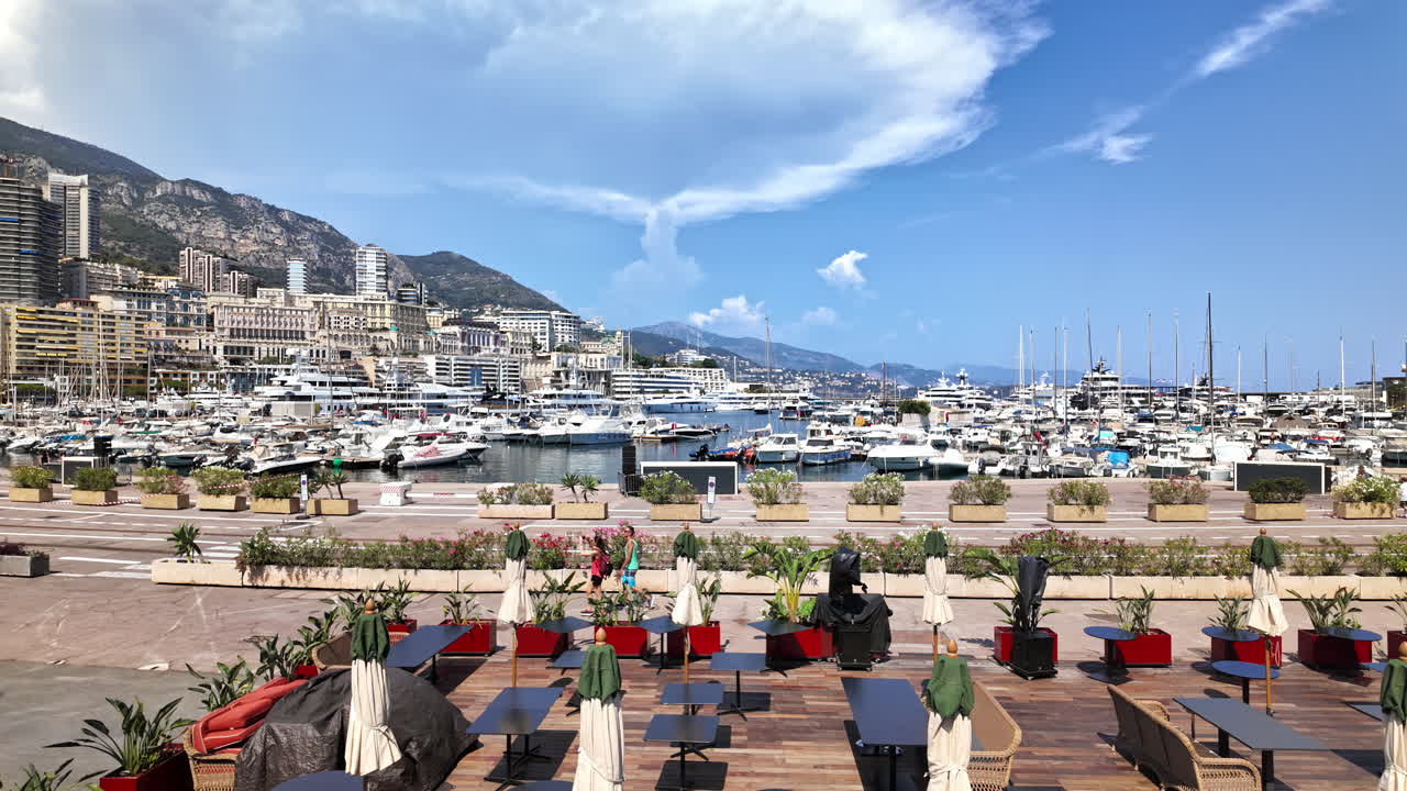 View of white boats docked in the Monaco Marina with the skyline on the background