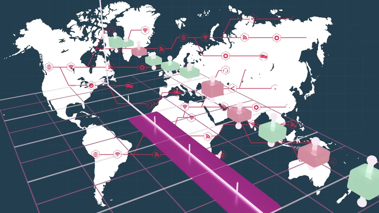 Magenta band emerging on trajectory from South America, spawning nodes connecting global network