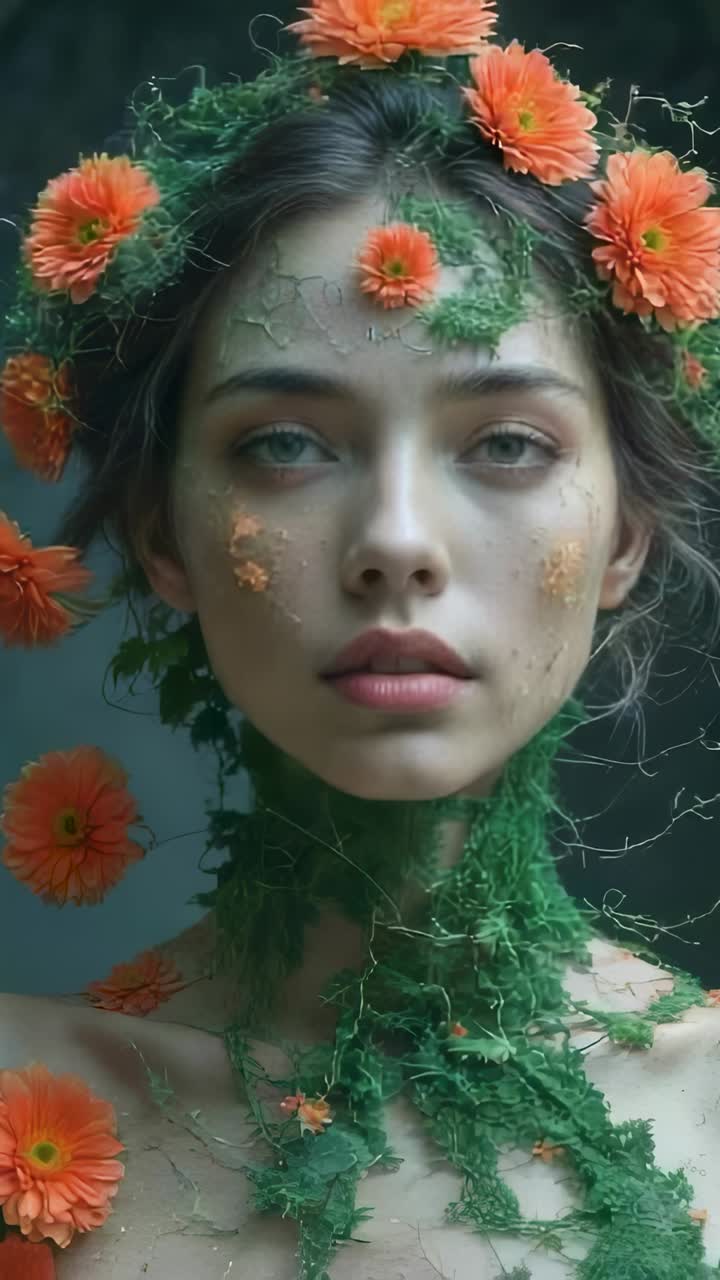 Video verticale: inquadratura del volto di una modella in studio con messa a fuoco su trucco con tralci e margherite, mentre la modella ammicca