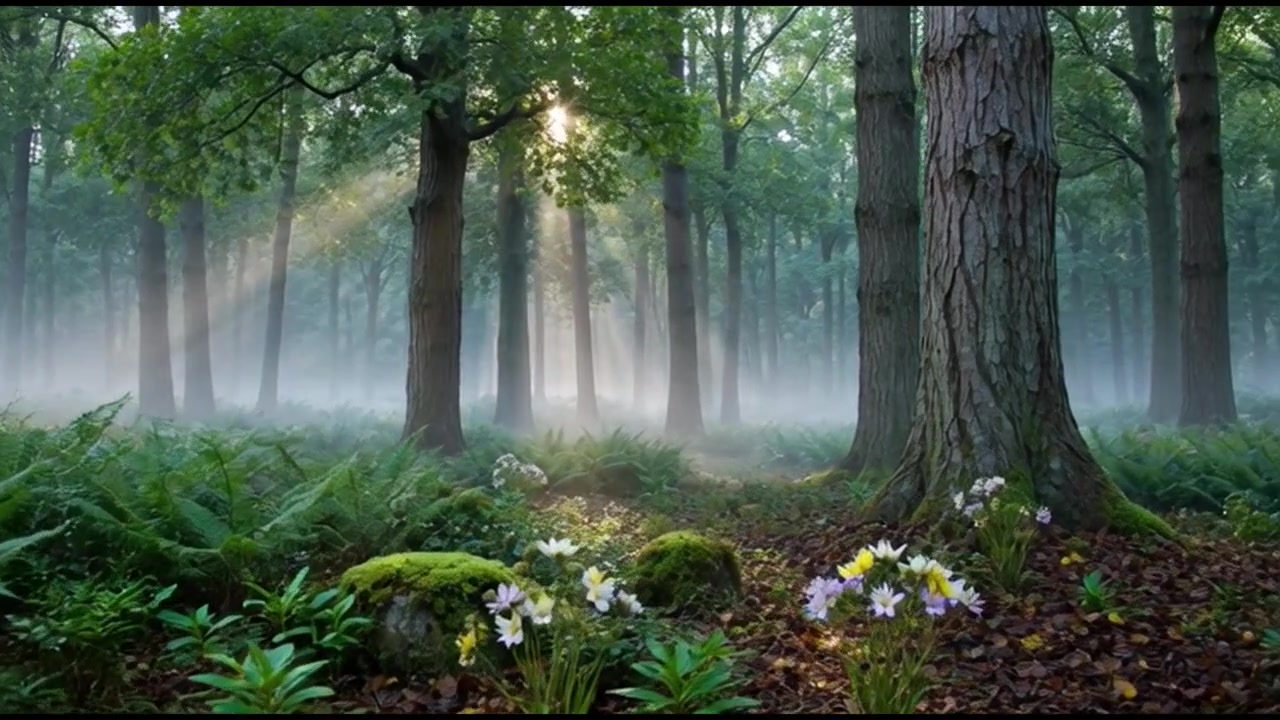 Raggi di sole che filtrano attraverso una foresta nebbiosa con fiori selvatici