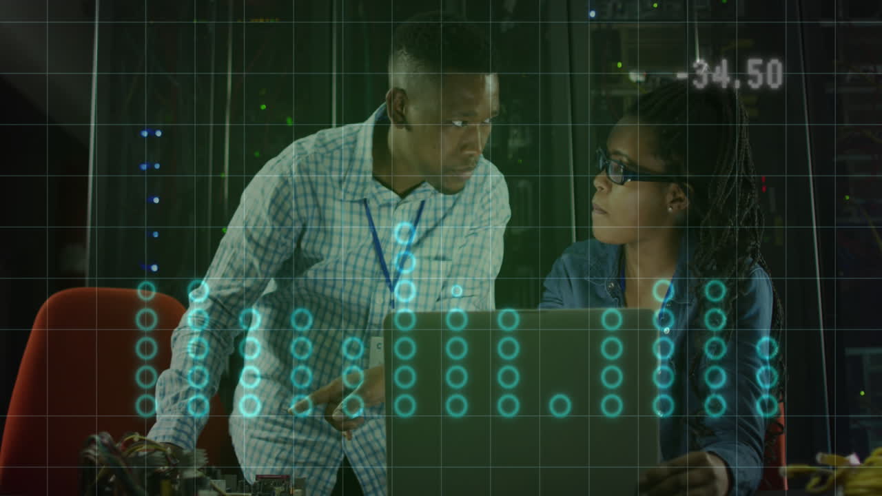 Animation of financial data processing over diverse business people using laptop