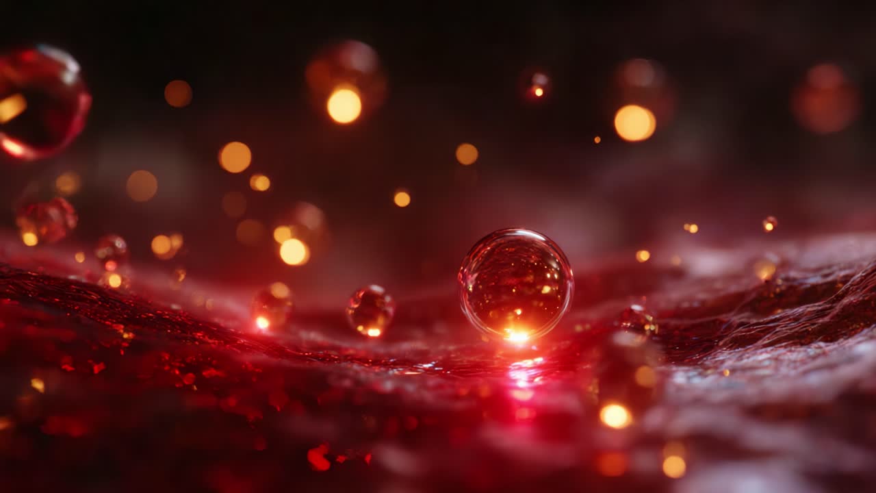Mesmerizing Macro View of Glimmering Spheres in a Vibrant Red Environment Captivating with Light Reflections and Energetic Movement of Droplets