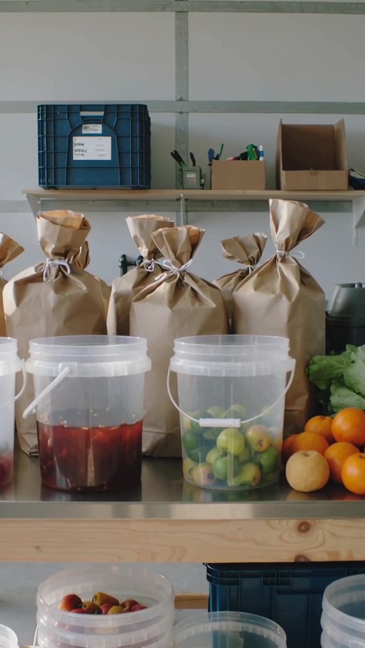Vídeo vertical: Câmera se movendo revelando quatro sacos marrons amarrados e baldes em um banco para exibir produtos agrícolas.
