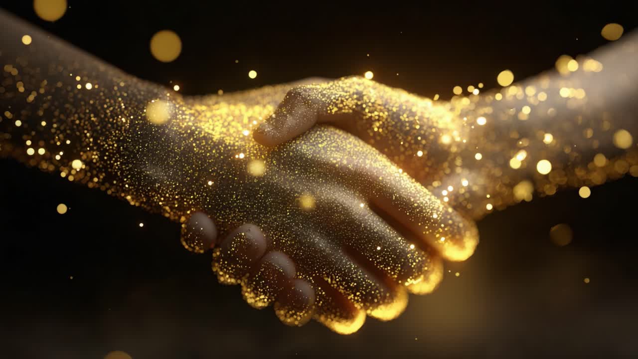 Una stretta di mano d'oro: Simboleggia fiducia e unità attraverso una scintillante rappresentazione artistica di due mani che si uniscono in una gloriosa esplosione di particelle luccicanti