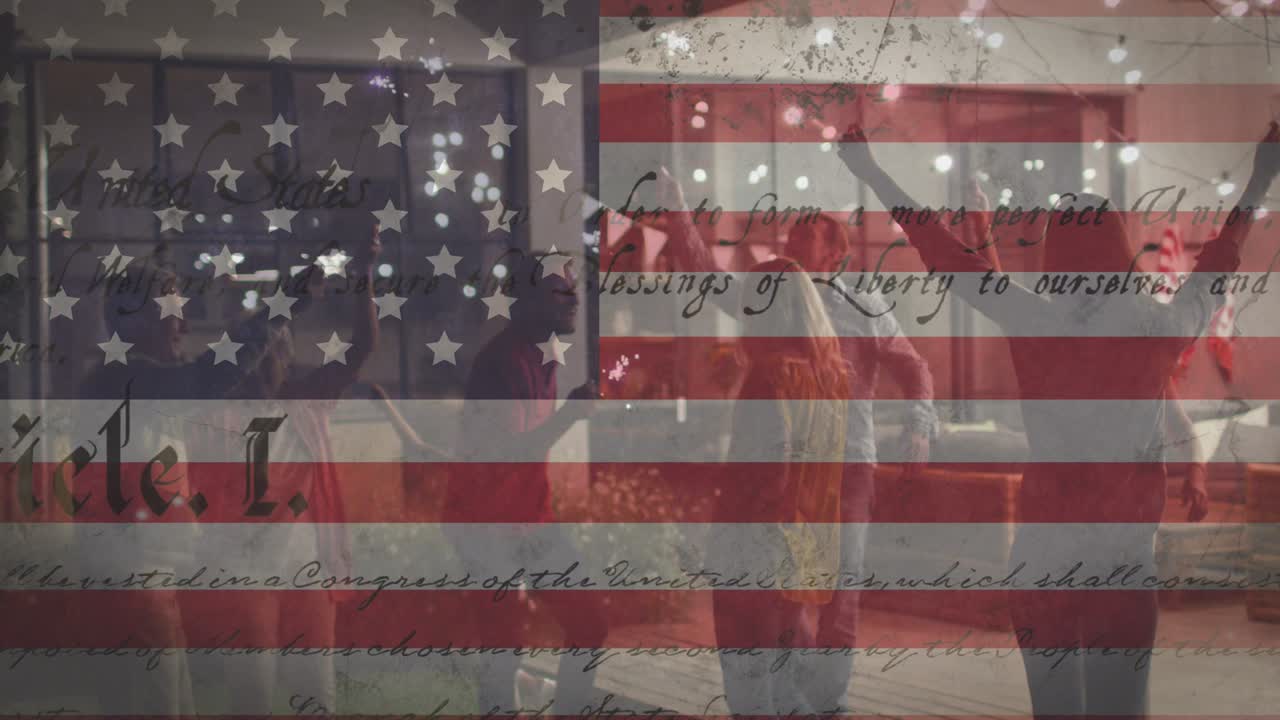 다양한 친구 그룹이 반 ⁇ 불로 축하하는 미국  ⁇ 발의 애니메이션