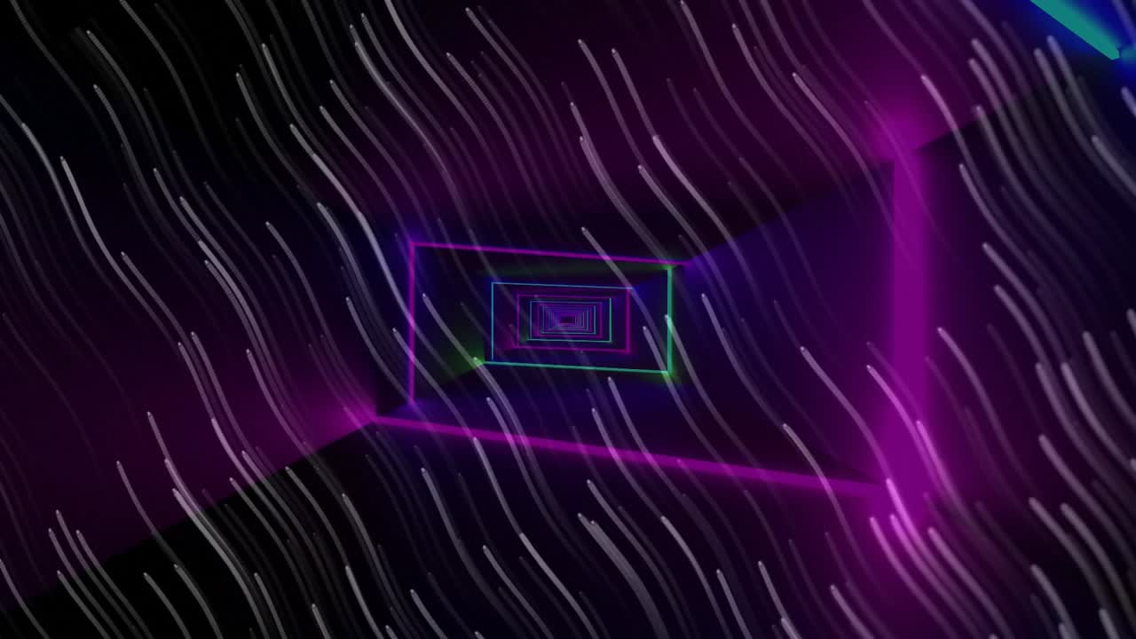 Center neon spiral pulsing stepping inward cursive text appearing after cyan streak for logo reveal