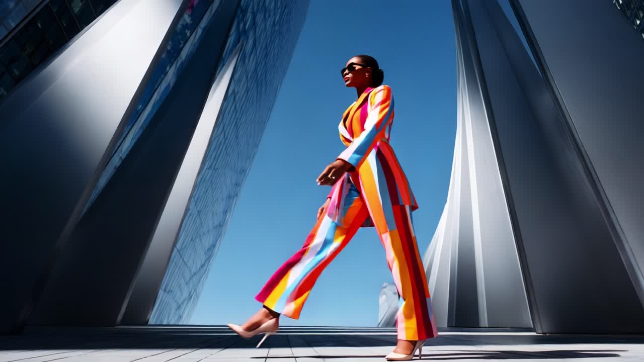 A Fashionable Woman Dressed in a Vibrant Striped Jumpsuit Struts Confidently Through a Contemporary Urban Landscape, Showcasing Style and Elegance Against a Bright Blue Sky