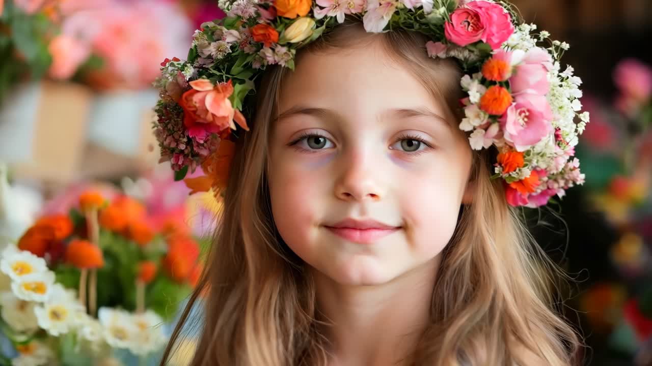 꽃 한 어리 앞 에 머리 에 꽃 왕관 을 달고 있는 어린 소녀