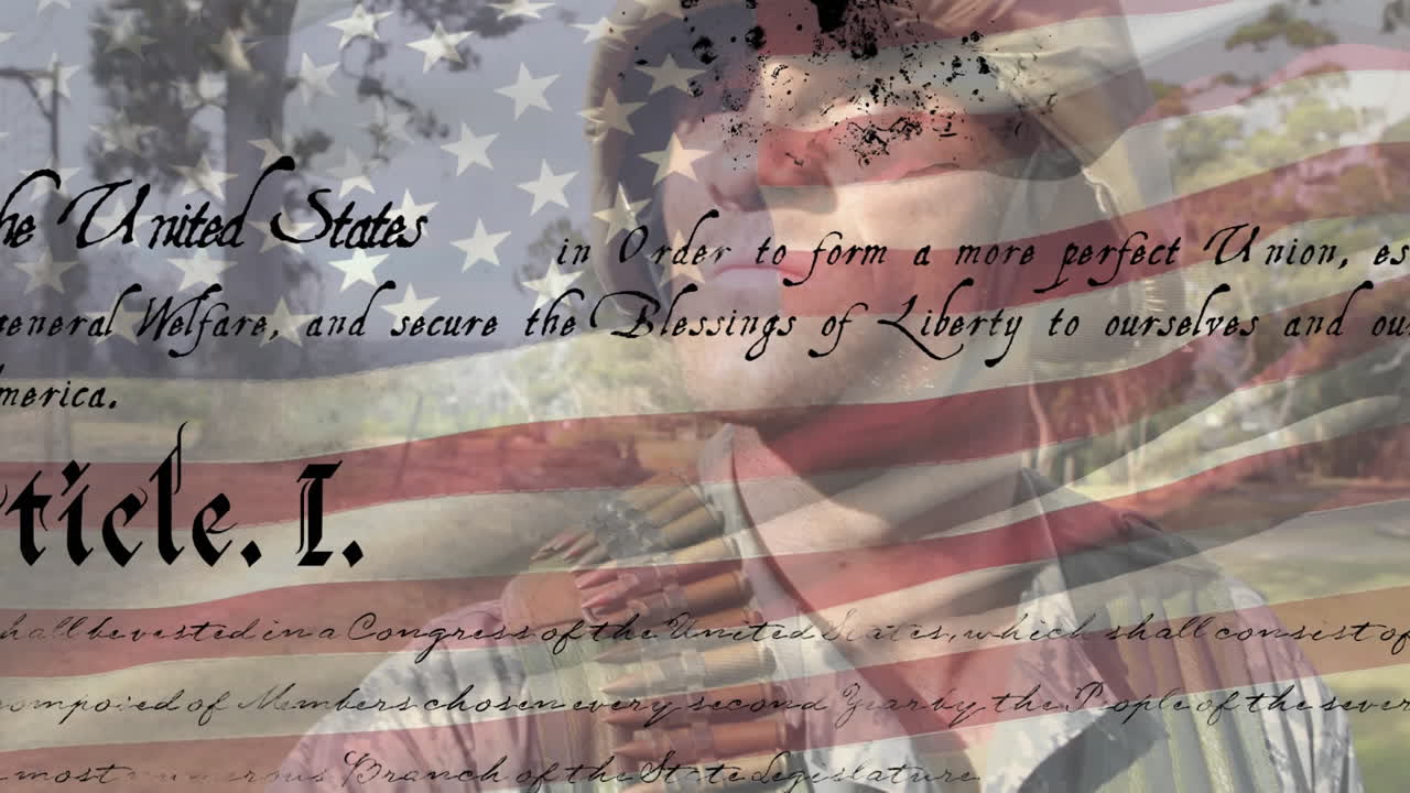 우리 군인과 함께  ⁇ 발을 흔들고 헌법이 전면에 있습니다.