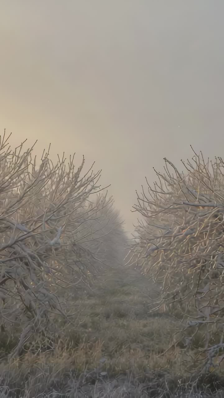 Vertical video: Pushing camera forward revealing center grass path amid frosted rows, showing depth