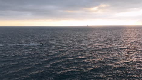 Speedboat-cruising-on-calm-sea-near-Genoa,-Italy-at-dusk,-large-ship-in-distance,-expansive-ocean-view,-serene-evening