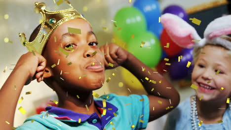 confetti animation over children celebrating with balloons and wearing costumes