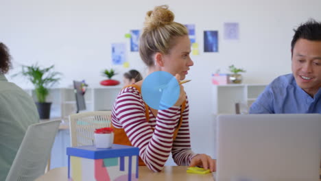 animation of network of connections with icons over diverse business people in office