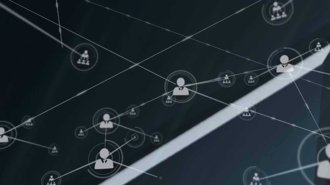 Animation of networks of connections with icons over black background