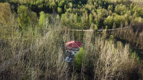 Bare-foliage-branches-of-trees-in-a-green-summer-spring-season-forest-and-alone-one-local-village-rural-life-house-cottage-in-the-wild-deep-nature-adventure-place-worth-visiting-in-middle-east-Asia