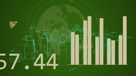 Animation-Der-Finanzdatenverarbeitung-über-3D-Stadt-Und-Globus