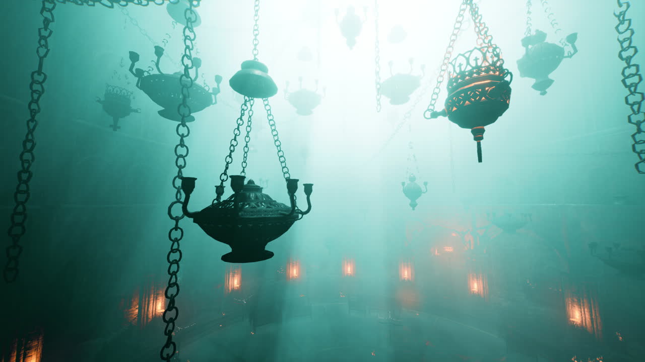 매달린 램프와 함께 신비로운 고대 교회 인테리어