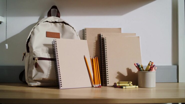 Zooming camera moving inward on study shelf, showing beige backpack, notebooks, yellow pencils