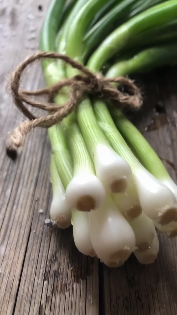 Vídeo em vista superior de cebolinhas frescas sobre madeira rústica, destacando texturas e cores naturais