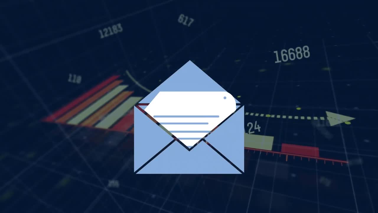 Message icon and multiple changing numbers against statistical data processing on blue background