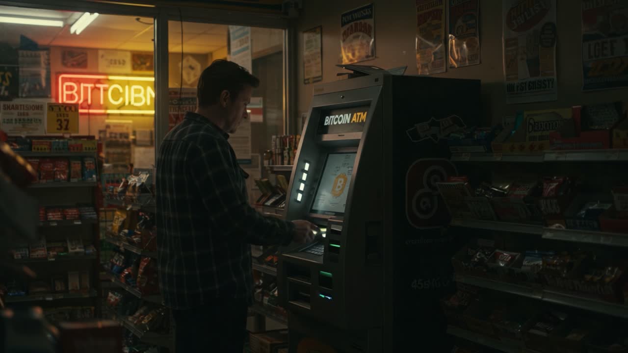 A Man Interacting with a Bitcoin ATM in a Convenience Store During Late Night Hours, Surrounded by Snacks and Neon Lights Displaying Cryptocurrency Themes