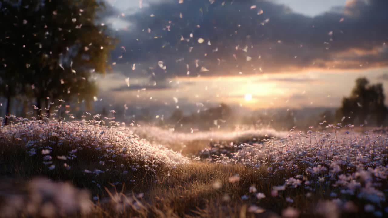 A Serene Landscape at Dusk: A Field of Blossoming Flowers Bathed in the Warm Glow of the Setting Sun with Gentle Breezes Creating a Ethereal Atmosphere