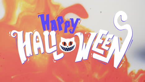 animation of happy halloween text and cat over orange and white background