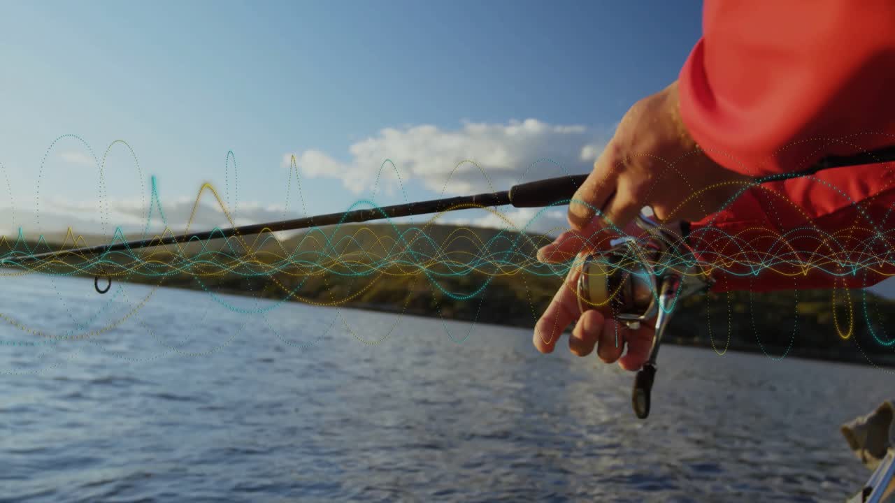 Angler's hands holding rod starting reel spin activating animated tension gauge for cast accuracy