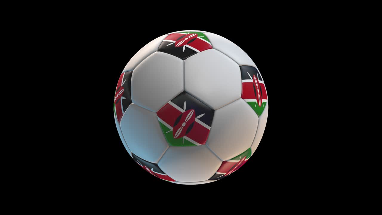 pelota de fútbol con bandera de kenya, en el fondo negro bucle alfa. renderización 3d