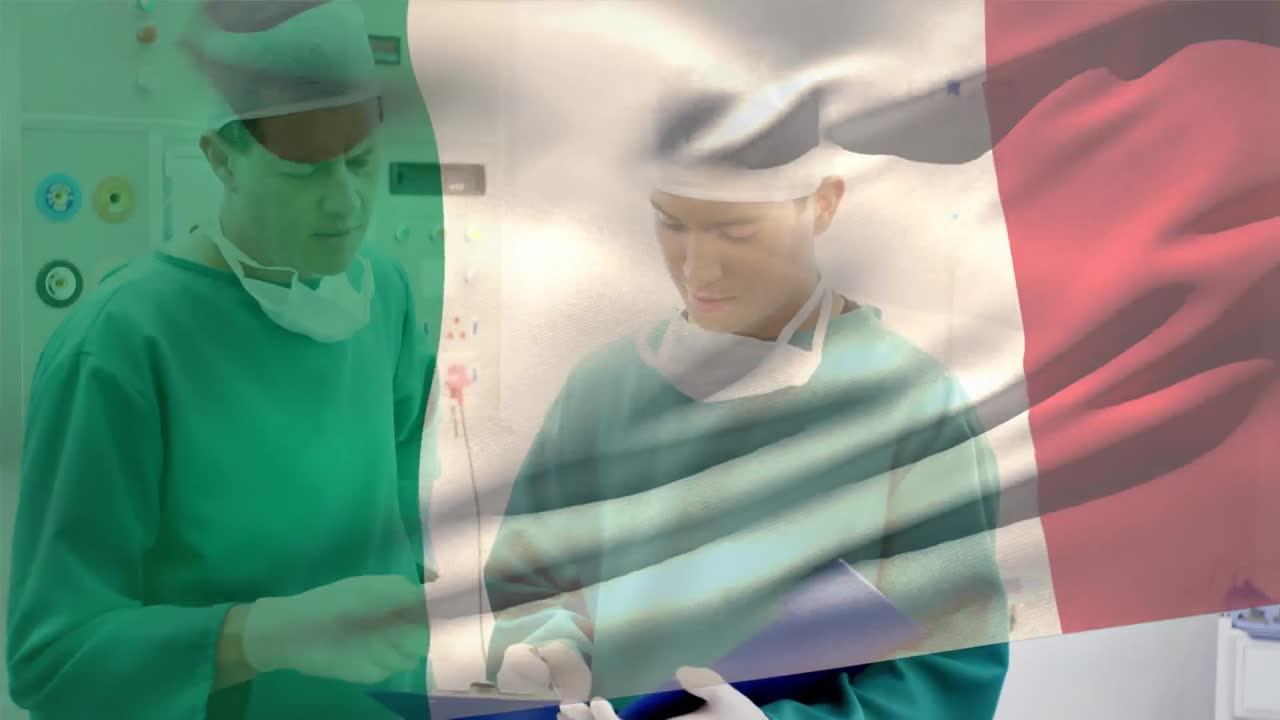 다양한 외과 의사들이 수술실에서 환자 보고서를 논의하는 이탈리아 발이 흔들리는 애니메이션