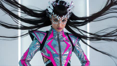 futuristic fashion statement: a bold model showcasing shimmering attire and eye-catching accessories in a high-tech, minimalist environment