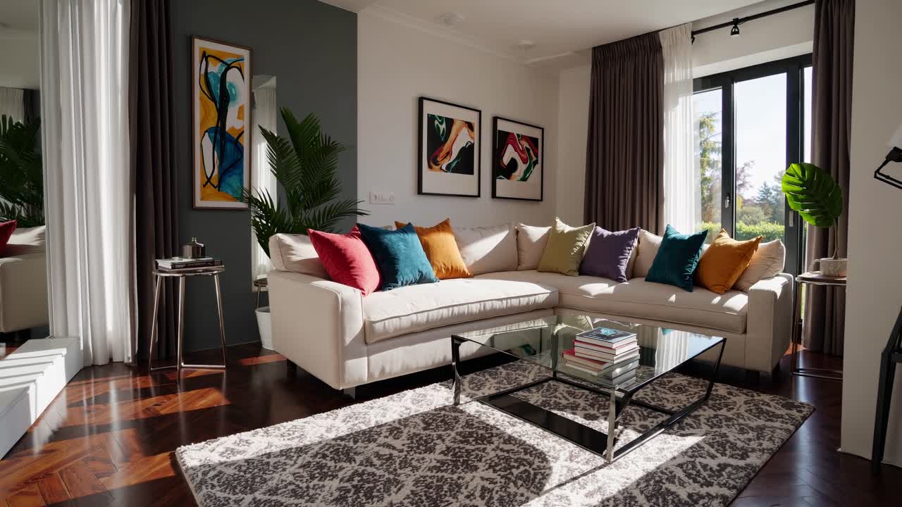 Modern living room with colorful cushions, abstract art, and large windows
