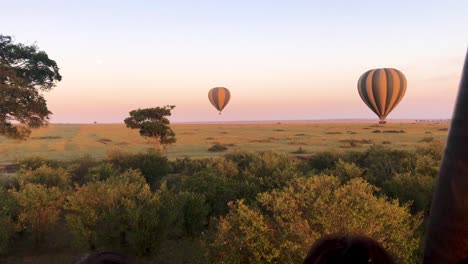beautiful flight in hot air balloon overlooking vast grassland and balloons during colorful sunset across maasai mara national reserve in, african savanna, kenya, africa.