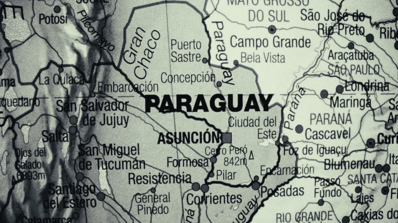 A close-up view of a map showing Paraguay and surrounding South American countries