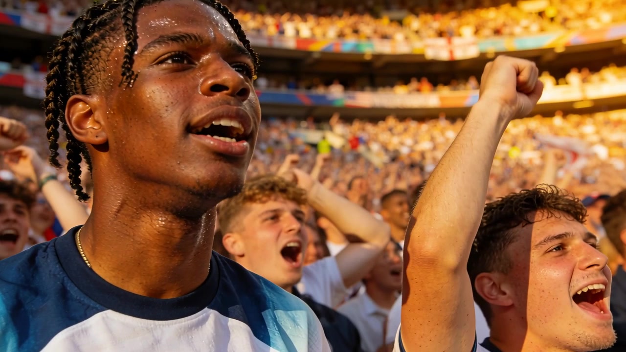 Shouting fan wearing blue-shirt reacting to big play in sunlit stadium, raised fists, copy space