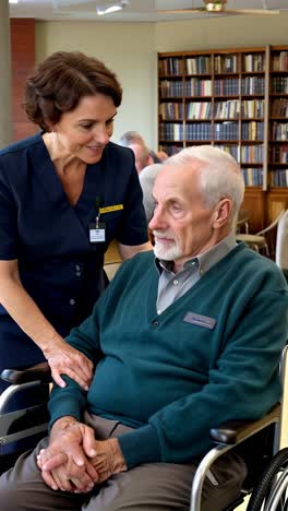 caretaker providing support to an elderly person indoors.