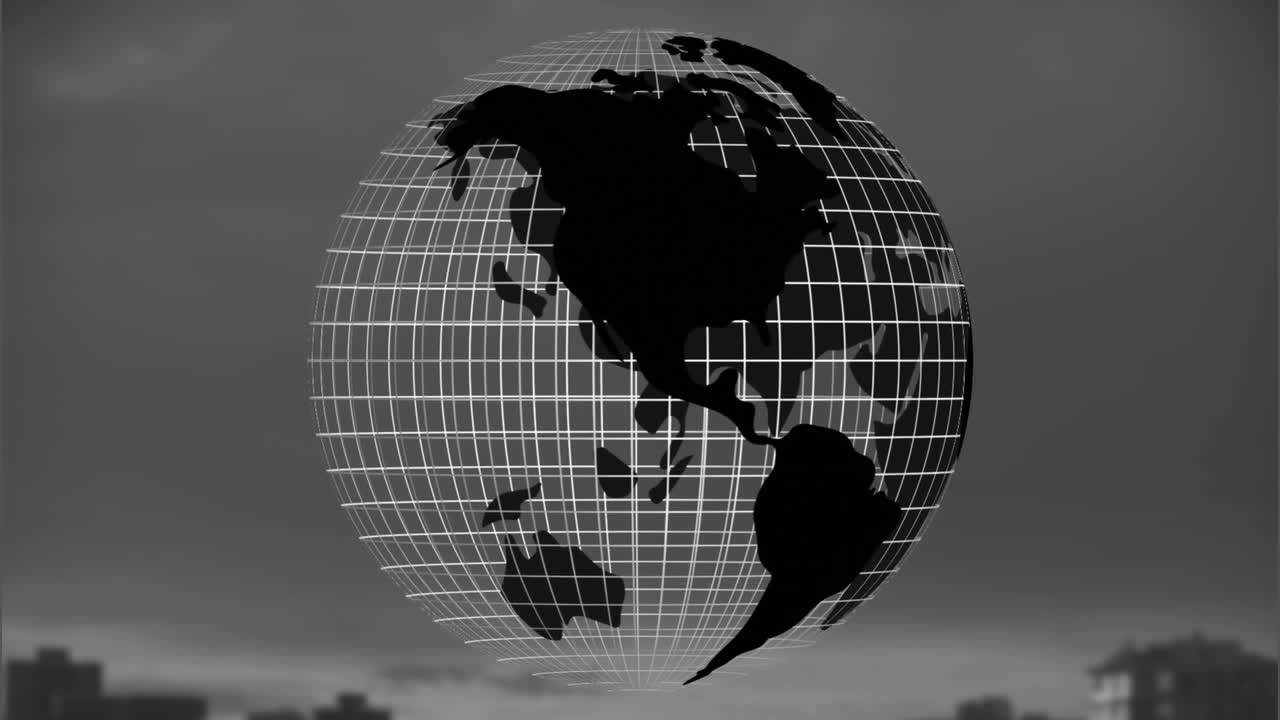 도시 풍경 위에서 회전하는 지구의 애니메이션